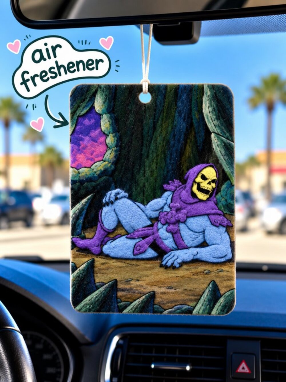 Skeletor Lounging Funny Meme Car Air Freshener – Hanging Car Accessory